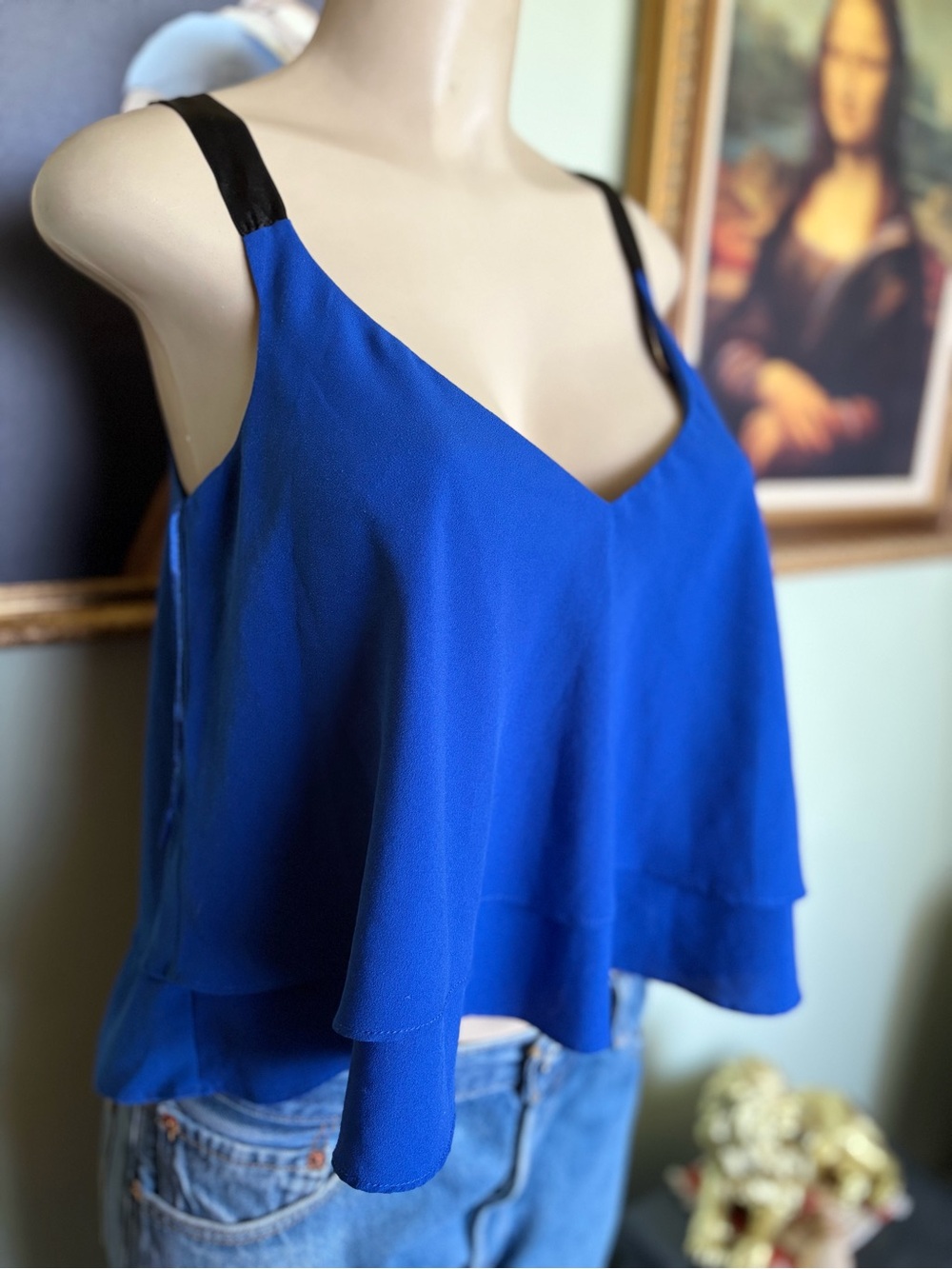 ZARA Royal Blue Y2K Layered V-Neck Baby Doll Cami Tank Top Size XS Flirty